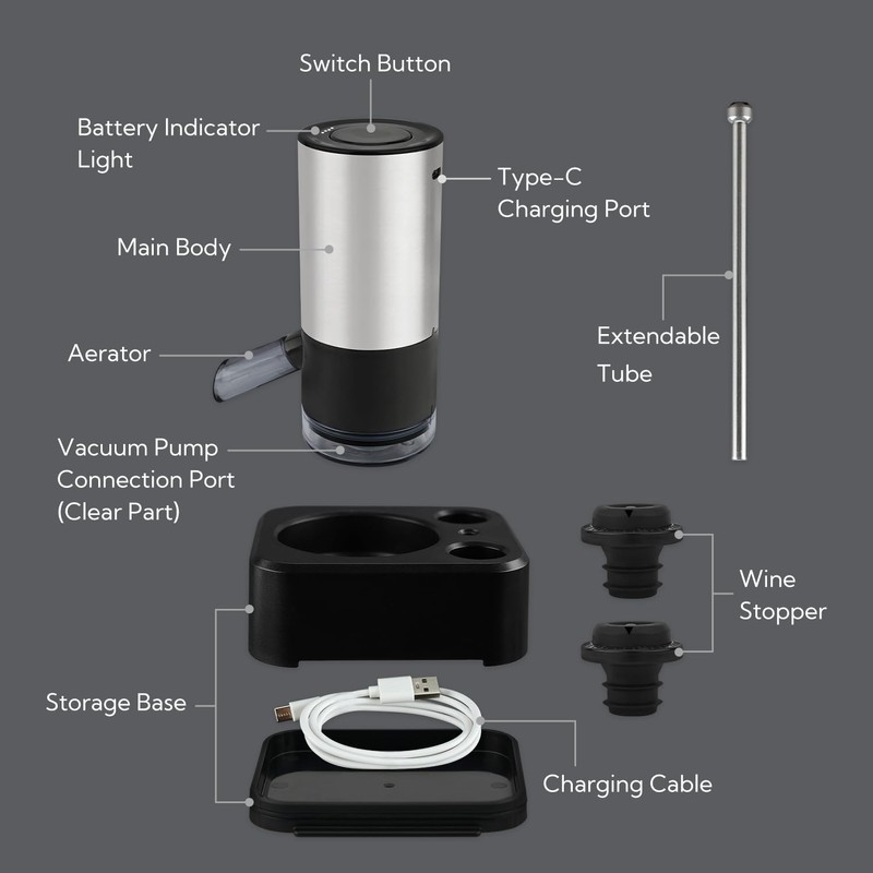 KITCHENDAO Rechargeable Electric Wine Aerator Dispenser and Wine Saver Pump,