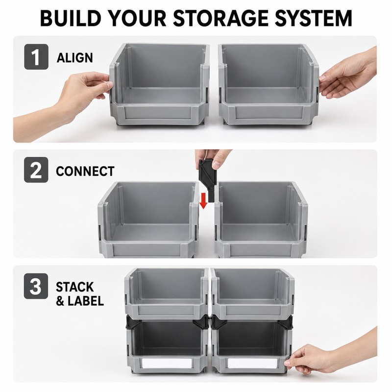 Stackable Plastic Parts Bins for Garage Tool Storage