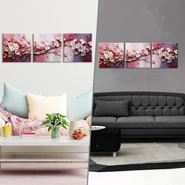 Piy Painting Painting on Canvas, Pink Flower Canvas Pictures, Cherry Blossom Painting, Romantic Print on Canvas for Bedroom, Living Room, Bathroom, Entrance, Set of 3, 30 x 30 cm (90 x 30 cm)