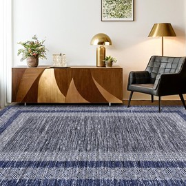 GarveeHome Modern Geometric Area Rug 5x7 Distressed Bordered Rug Washable Non Slip Floor Carpet Non Shedding Thin Rug, Soft Low Pile Rug, Contemporary Blue Rug for Dining Room, Living Room