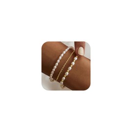 Yoosteel Three Layer Pearl Bracelets for Women, Dainty Beaded Pearls Link Chain Layered Bracelet Bridesmaid Jewelry Gift for Women