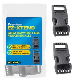 EZ-Xtend Extra Heavy Duty Side Release Buckle - Strongest Plastic Buckles in the World, Adjustable 1 inch for heavy duty webbing or straps, Berry Amendment Cert (Black, 2 Pack - Buckles)