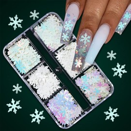 6 Grids White Snowflake Nail Art Glitter Sequins Charms Holographic Snow Flakes Nail Slices Winter Christmas Nail Art Decorations Xmas Manicure Tips for Acrylic Nails Iridescent White Nail Supplies