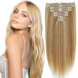 Human Hair Clip in Extensions Dark Blonde Highlighted Bleach Blond Full Head Silky Straight Clip in Natural Remy Human Hair Extensions 120g 8pcs (18 inch, #18/613)