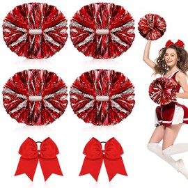 6 Pcs 13 Inch Cheerleading Pom Poms and Large Bows for Girl Cheer Poms Poms, Metallic Cheerleader Poms Poms with Handle, for Softball Dance Cheer (Red)