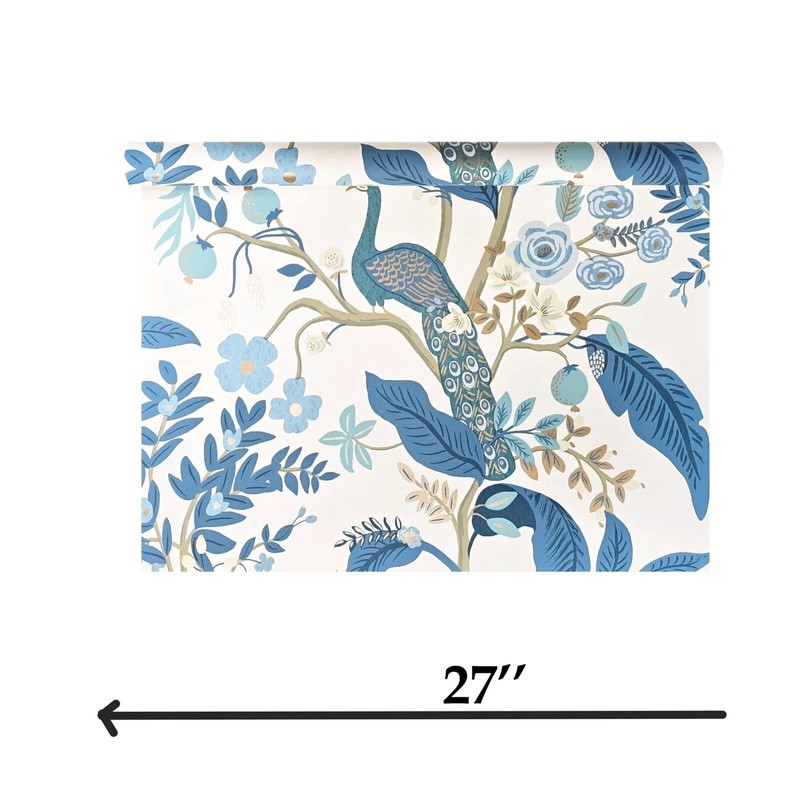 White Blue Tropical Tree Branches Leaves Flowers Peacock Botanical Wallpaper