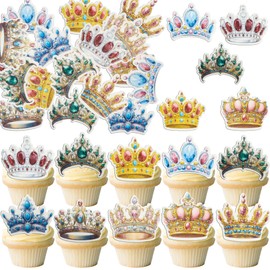 Gyufise 54Pcs Edible Crown Cupcake Toppers Wafer Paper Crown Cupcake Toppers Edible Royal Crown Prince & Princess Crown Cupcake Picks for Crown Theme Party Decoration Supplies Red