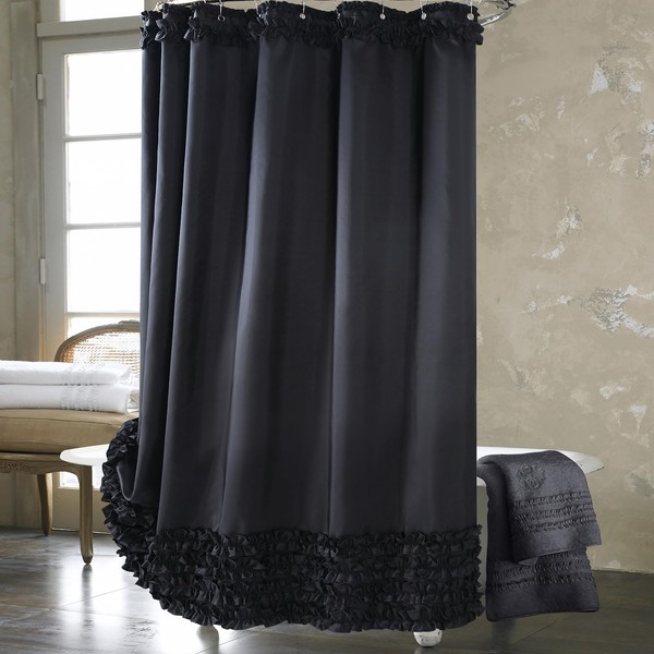 BESTRIPES Ruffle Shower Curtain, Black Long Fabric Shower Curtain with