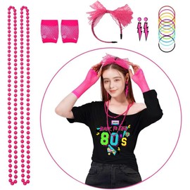 ELFIN 8 Pieces Women 80s Fancy Dress Off Shoulder Tops Lip Print 80s T-Shirt Warmers Fishnet Gloves Necklace Earring 1980s Costumes Outfit Accessories Retro Theme Party Cosplay