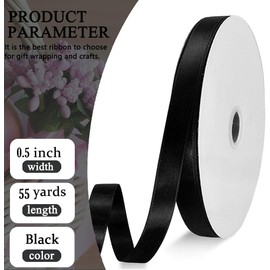 FQTANJU Black Satin Ribbon Double Faced Satin 1/2 inch x Continuous 55 Yards Ribbon for Gift Wrapping Wedding Party Wreath Bows Bouquet Floral Arrangement Home Decoration