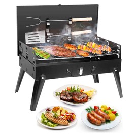 iMounTEK Portable Charcoal Grill, BBQ Foldable Barbecue Charcoal Grill Suitcase Grill Shelf for Outdoor Cooking Garden Grilling Camping Picnics (16.7x10x17.7in)