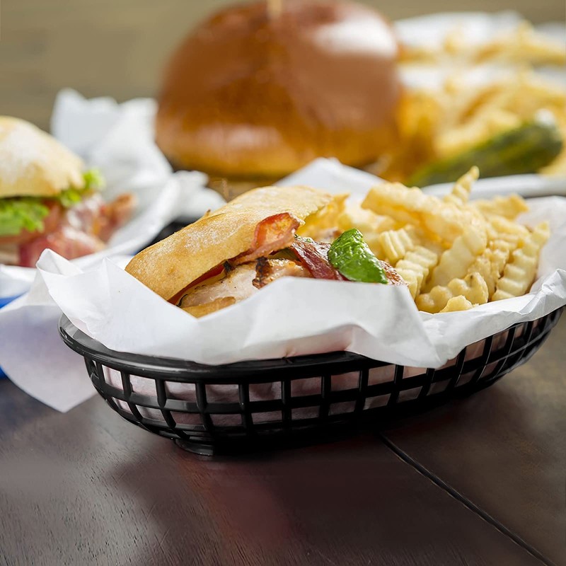 JAPCHET 60 Pack 8.8x5.5 Inch Black Fast Food Baskets, Oval