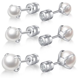 3 Pairs Double Sided Stud Earrings Set for Women, Pearl Stud Earrings Round Cubic Zirconia Studs 3-5-7mm (Pearl)
