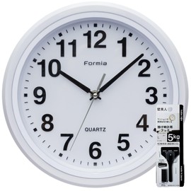 Formia HWC-010W-WH Wall Clock, Easy to Read Simple, Continuous Second Hand, Analog, Hodogaya Electronics Sales, White, Wall Hanging Hook, Stapler, Set