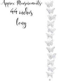 BANBERRY DESIGNS White Butterfly Garland with 12 Glittered 4" Butterflies Made with Real Feathers - Wedding Decorations - Party Décor - Home Crafting Accessories - Approximately 44" Long.