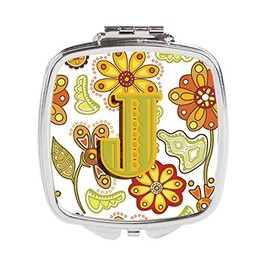 Caroline's Treasures Letter J Floral Mustard and Green Compact Travel Mirrors, Multicolor