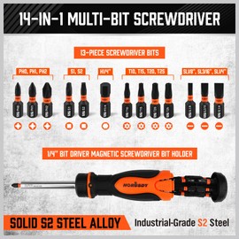 Multi 14-in-1 Magnetic Adjustable Screwdriver: Mini Hand Screwdrivers Set with 13 S2-Steel Bits，Multi Screwdriver All in One with 12 Bits Housed in The Handle