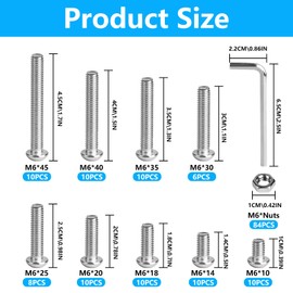 M6 Screws Set, 168 Pieces Allen Screws Nuts Set, Pan Head Thread Screws and Nuts and Washers Set, Stainless Steel Machine Screws Assortment Set, Silver