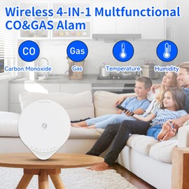 4-in-1 Carbon Monoxide Detector, Wireless Battery CO and Gas Alarm with Temperature and Humidity Monitors, No Plug Needed Portablhe CO Methane Gas Detector for Home, Kitchen and Bedroom