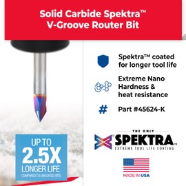 Amana Tool 45624-K SC Spektra Extreme Tool Life Coated V-Groove 60 Deg x 1/4 D x 31/64 CH x 1/4 Inch SHK 3-Flute Router Bit