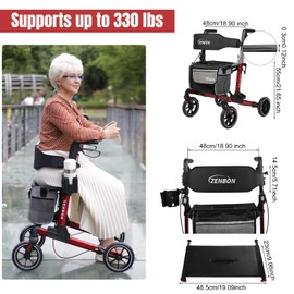 Rollator Walker for Seniors/Adults Foldable in Two Directions Rolling Walker with Seat 330 lbs Capacity 4 Big 8 inch Wheels Hand Grips Adjustable Height Lightweight Aluminum Walker 7204(Red)