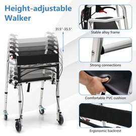 GYMAX Walkers for Seniors, 2-Button Folding Walker with 5 Inches Lockable Wheels, Padded Seat & Trigger Release, 350lbs Height Adjustable Standard Walker, Foldable Rolling Adult Walker