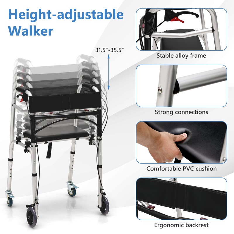 GYMAX Walkers for Seniors, 2-Button Folding Walker with 5 Inches