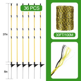 Sasylvia 1 Roll Electric Fence 328 Feet and 36 Pcs Fiberglass Electric Fence Post 45.3 Inch Electric Fence Kit for Wild Animals Protection Step in Fence Posts for Garden Temporary Fencing