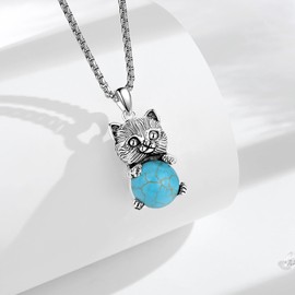 INFUSEU Cat Necklace Turquoise Jewelry for Women Healing Crystal Stone Pendant Kitty Kitten Teen Gift Cat Lovers Cute Ball Bead Spiritual Blue Rock