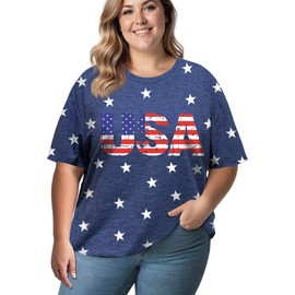 4th of July Shirts Women Plus Size:USA Star American Flag Crew Neck Short Sleeves Tee Patriotic T-Shirt