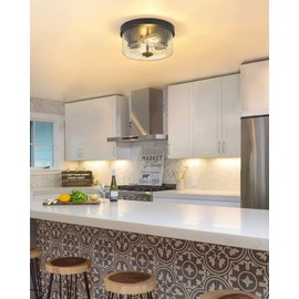 Emak Matte Black 2 Light Flush Mount Ceiling Light Fixture, 11 Inch Close to Ceiling Light Fixtures with Seeded Glass Shades for Hallway, Kitchen, Bathroom, Dining Room, FM082-BK