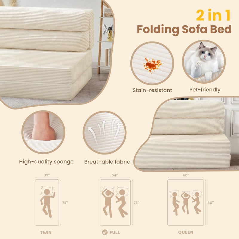 JUIKURY Folding Sofa Bed, Convertible Sleeper Chair with Pilow Foldable