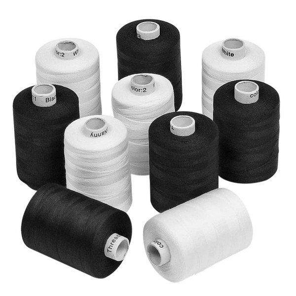 New ThreadNanny Black and White Spools of 3-PLY Polyester Sewing Quilting Serger Threads (10 Tubes X 1000 Yards)
