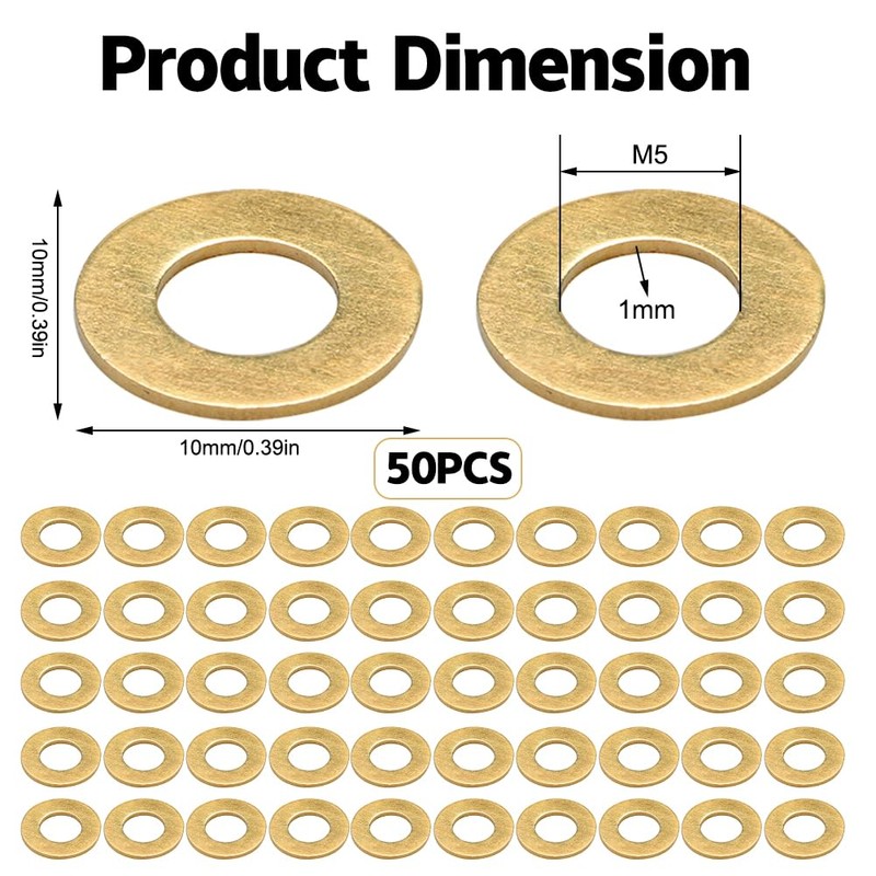 M5 Brass Flat Washers, Pack of 50 Fittings Rings Room