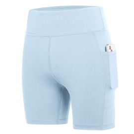 DEVOROPA Girls 5" Spandex Volleyball Shorts Stretch Youth Athletic Gymnastics Shorts Kid Yoga Dance Compression Shorts Pocket Light Blue Large