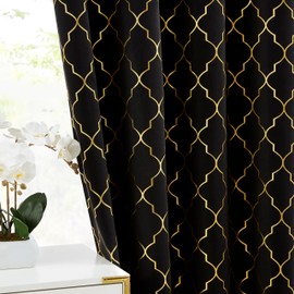 ZJDECOR 90 Inches Length Full Blackout Curtains for Bedroom Living Room,Gold Geo Metallic Printed on Black Drape,Thermal Insulated Room Darkening Window Treatment,Black/Gold,52" Wx90 L(Pack of 2)