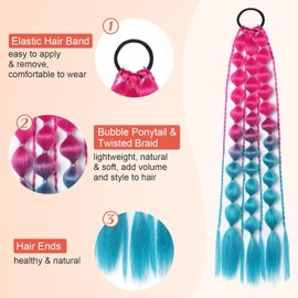 PORSMEER Coloured Braids Extensions, Ponytail Extension with Hair Band, Colourful Hair Extensions for Braiding, 55 cm, Bubble Braid, Synthetic Hair Braid Hairpiece for Women (Pink+Blue)