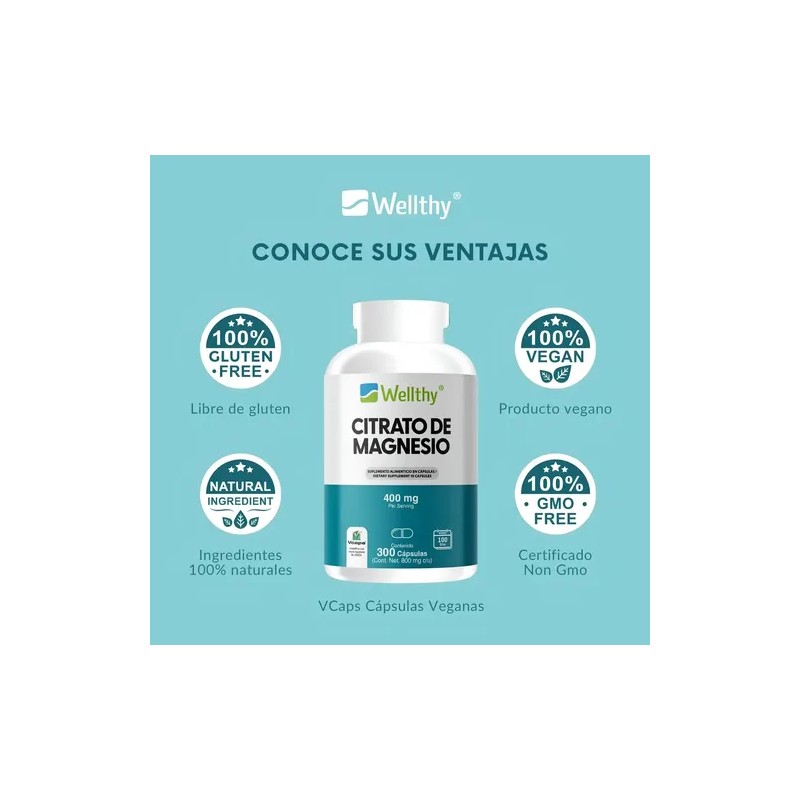 Citrato Magnesio 300 Cápsulas Wellthy 100 Porciones Sabor