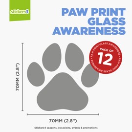 12 x Paw Print Safety Windows Stickers for Glass - 7cm x 7cm Glass Awareness Decals for Patio Doors, Glass Panels, Doors, Balconies, Shower Door and Glass Partitions - Patio Door Stickers Dogs