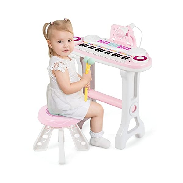 GYMAX 37 Keys Kids Piano, Children Toy Keyboard with Detachable Legs, Microphone, Music Score, Record & Playback, Mini Electronic Piano for Girls Boys (Pink Piano with H-leg +Stool, 48 x 17 x 58cm)