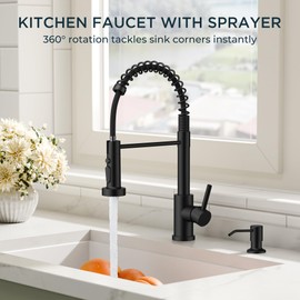 QFN Black Kitchen Faucet with Pull Down Sprayer, Stainless Steel Commercial Single Handle Classic Spring Kitchen Sink Faucet with Deckplate Fit for 1 or 3 Hole for Farmhouse Rv Laundry Room