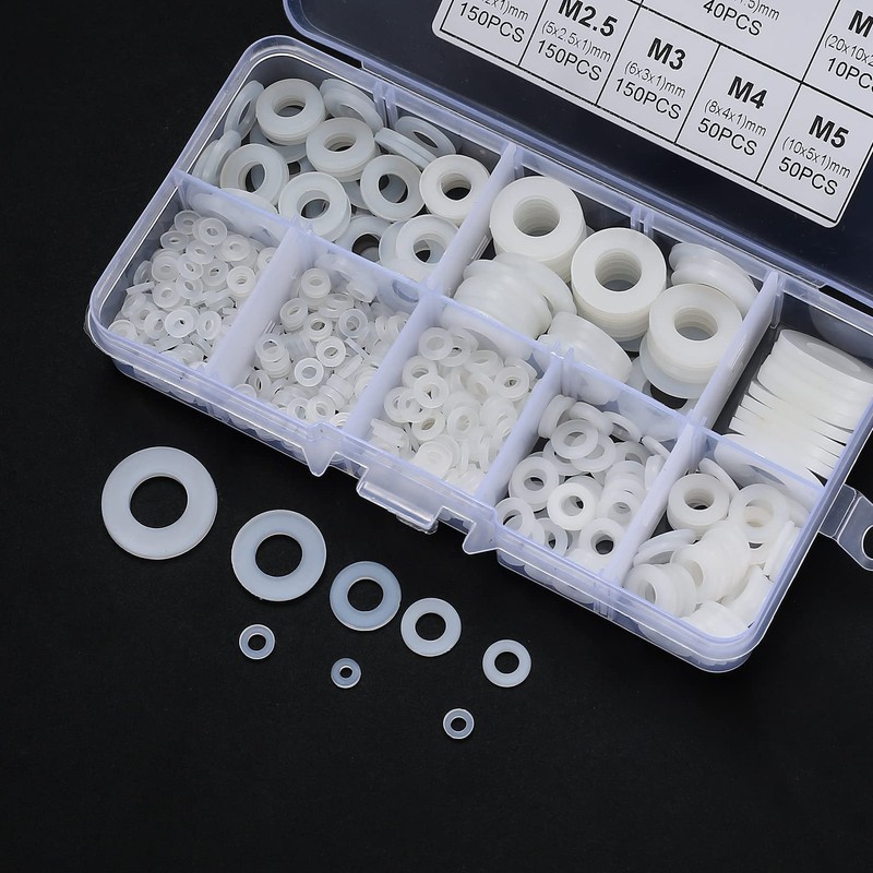 650 Pcs Nylon Washers, White Flat Plastic Spacers Washers, Assorted