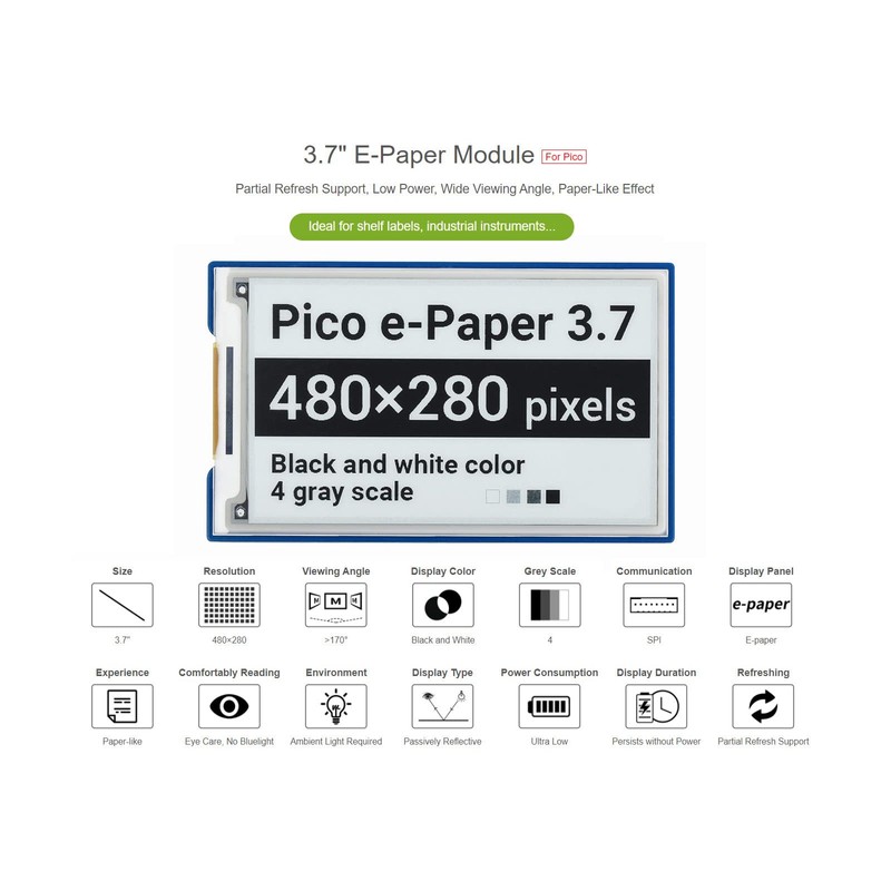 waveshare 3.7inch E-Paper E-Ink Display Module for Raspberry Pi Pico