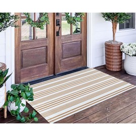 BUAGETUP Khaki and White Striped Outdoor Rug 24' x 51'Outdoor Front Porch Rug Hand-Woven Machine Washable Indoor/Outdoor Layered Door Mats for Entryway/Bedroom/Outdoor