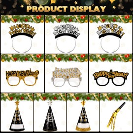 jojofuny New Years Eve Party Favors, Glitter Sequin Noise Makers Party Favors for 12 Guests, 6 Party Hats, 6 Headbands, 12 Glasses, 12 Squawkers for Happy New Year Party Decorations