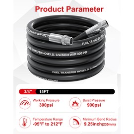 POHIR 3/4" Fuel Transfer Hose 15FT 300PSI, Fuel Hose for Farm Diesel Gasoline Kerosene Biodiesel, Braided with Stainless steel