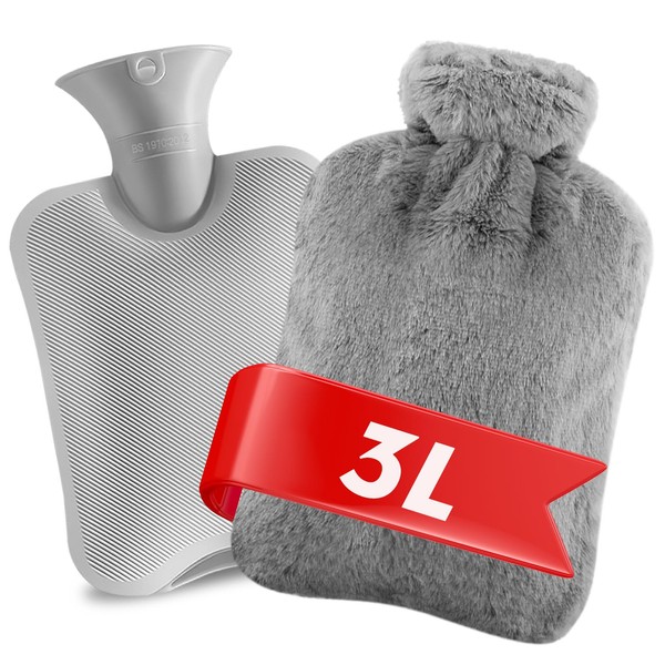 Wholede Hot Water Bottle with Soft Cover, Fluffy, 3L Large Rubber Hot Water Bottle for Pain Relief, Hot Water Bottles for Cold Nights, Gift Bed Bottle for Adults and Children, Grey