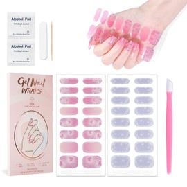 JERCLITY 2 Sheets 32pcs Semi Cured Gel Nail Strips, Gel Nail Wraps Needed LED Lamp to Cured, Ease to Use and Removal, 2 Prep Pads,1 Nail File,1 Wooden Cuticle Stick(Pink Heart+Snowflakes)