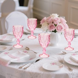 16 Pack Vintage Wine Glasses, Plastic Reusable 12 Ounce Colored Water Goblets, Unique Embossed Pattern Unbreakable Stemmed Wine Glasses, High Clear Wedding Party Bar Drinking Cups Pink