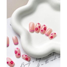 Press on Nails SWEKKE Medium Square Spring Pink French Tip Fake Nails Full Cover False Nails with Flower Designs Glossy False Nails with Nail Glue Artificial Acrylic Nails for Women Girls 24 Pcs